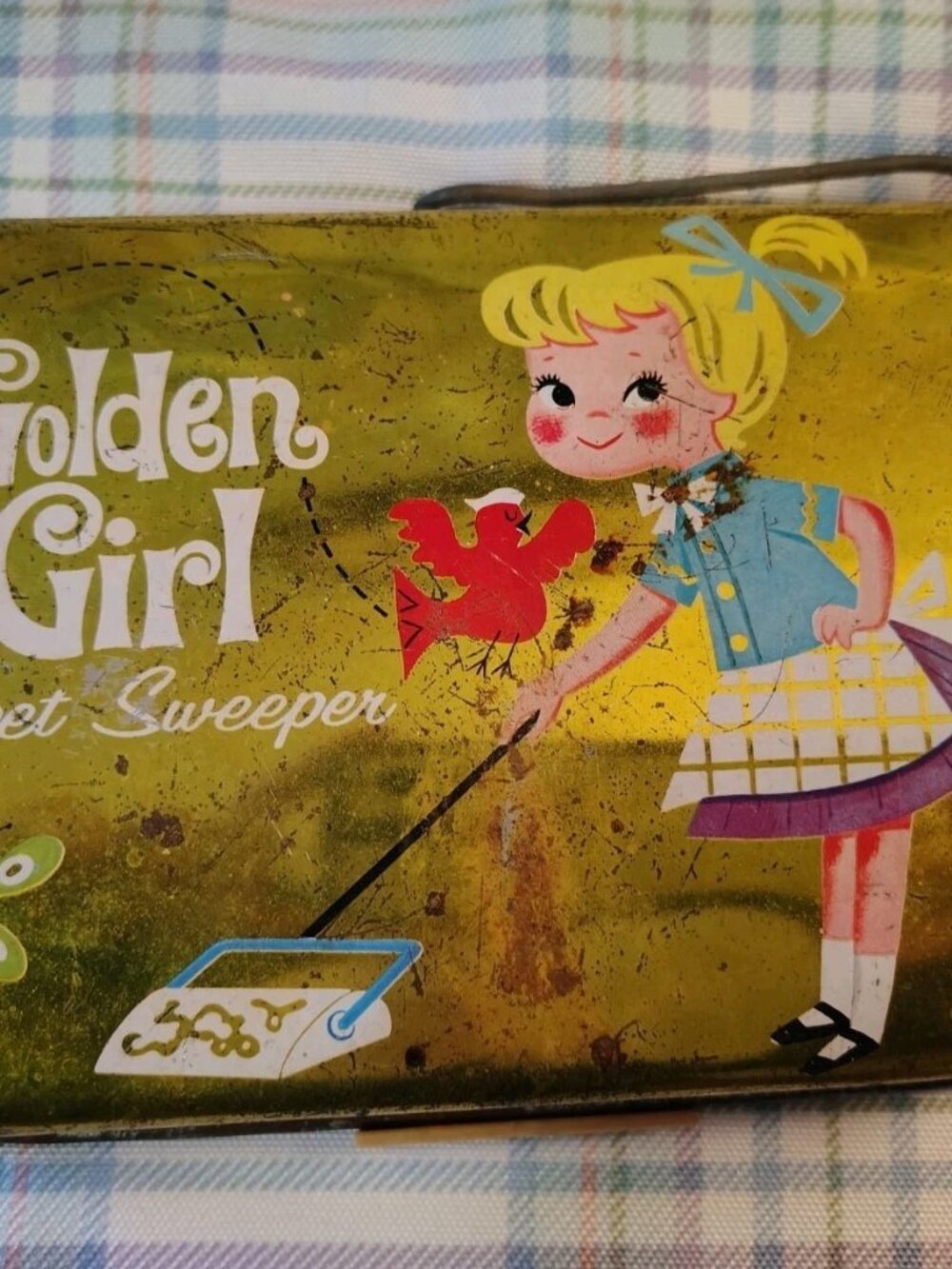 Golden Girl Vintage Tin Carpet Sweeper Toy with Handle and Brush